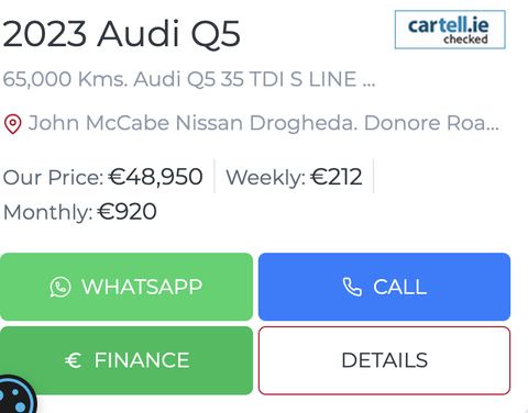 Used car listing with WhatsApp, Call and Finance buttons